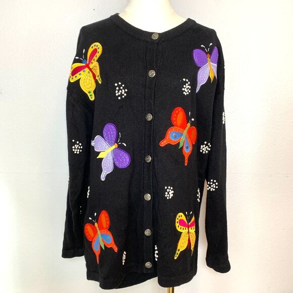 The Quacker Factory Women's 1X Button Up Cardigan Black w/ Butterflies - Picture 1 of 13